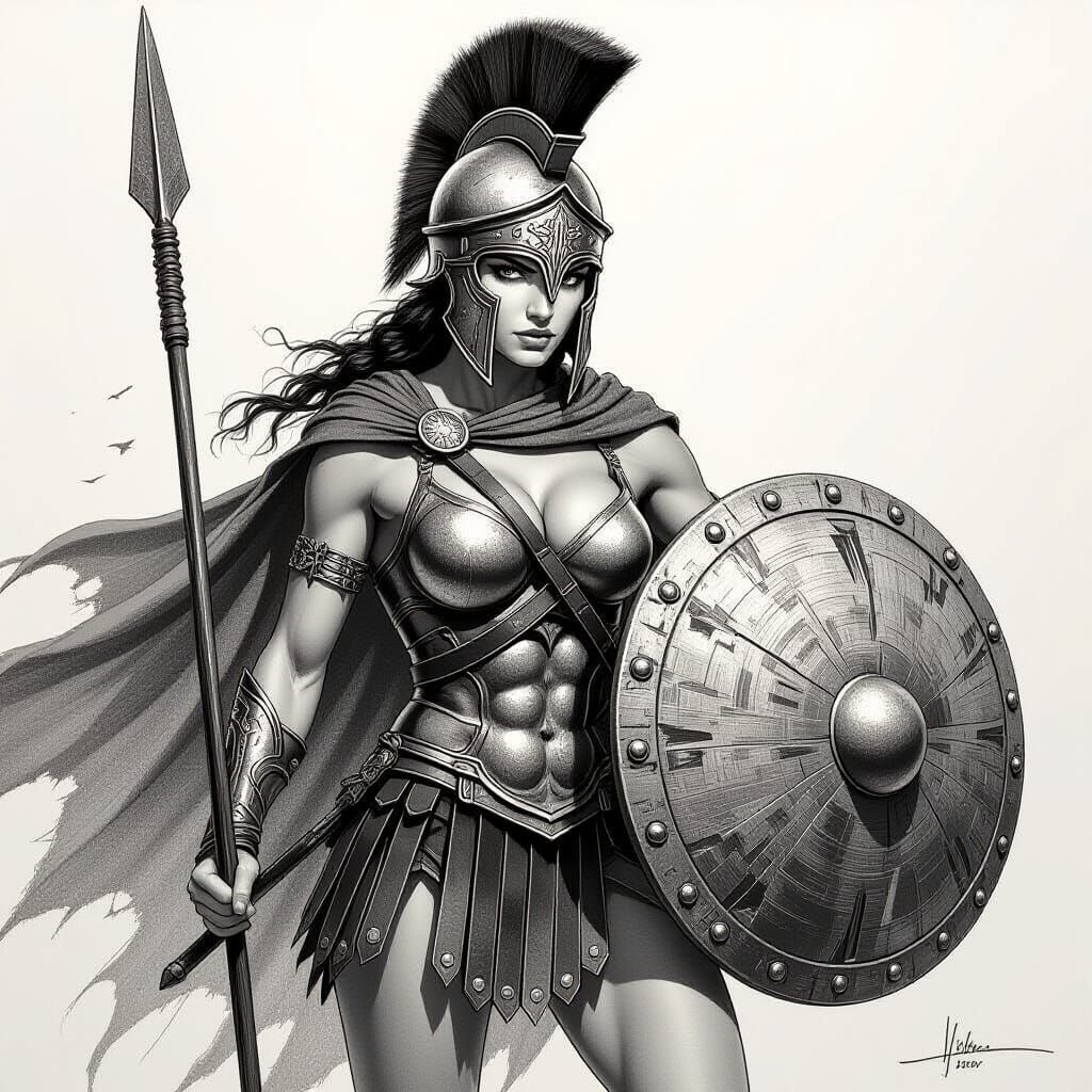 Young Spartan Girl in Battle, Pencil Sketch
