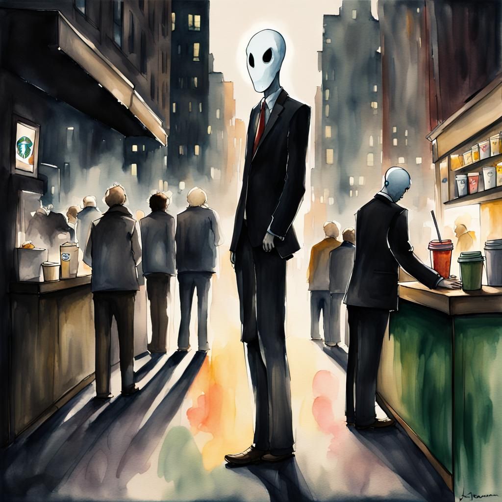 Mysterious Menace: Starbucks-goers Encounter Slenderman on Bustling New York City Street