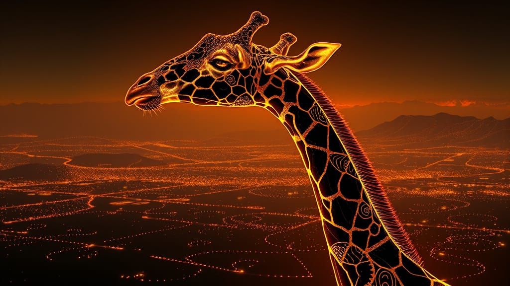 Surreal Giant Giraffe with Zentangle Patterns and Neon Aura