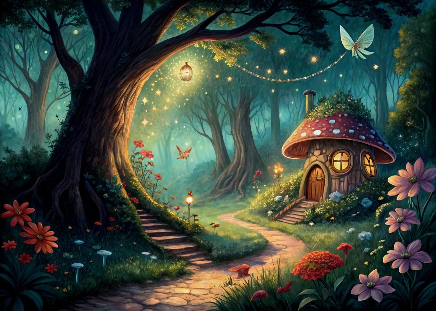 Whimsical Watercolor Forest Scene at Twilight