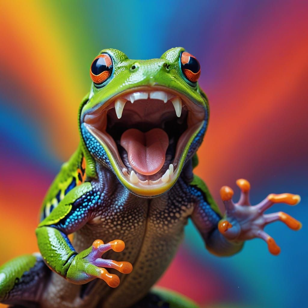 Surprised Frog Mid-Jump in Vibrant Colors