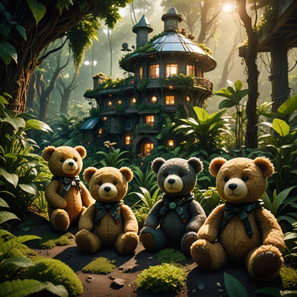Surreal Solarpunk Village with Teddy Bears in Harmony with N...
