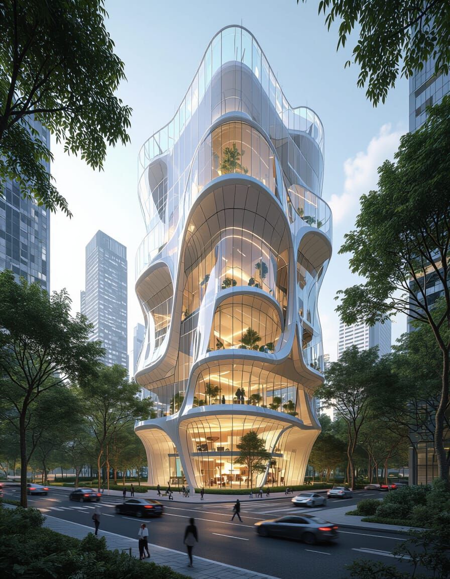 Futuristic Glass Skyscraper in Lush Garden Setting