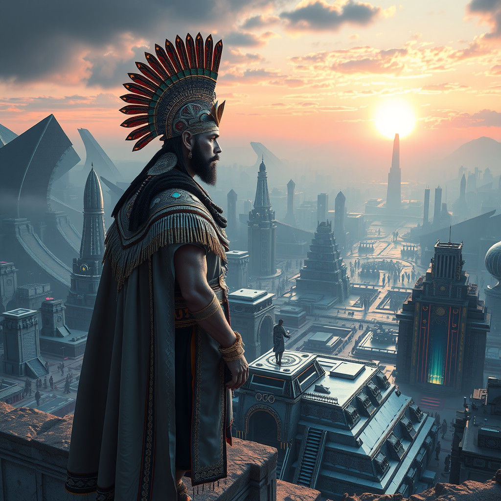 Mayan Chief Overlooking Futuristic City in 8K