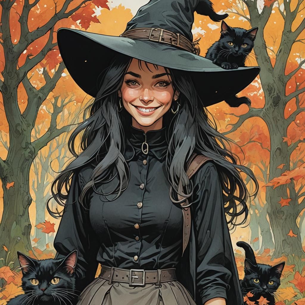 Pretty Witch with Kitten in Comic Book Style