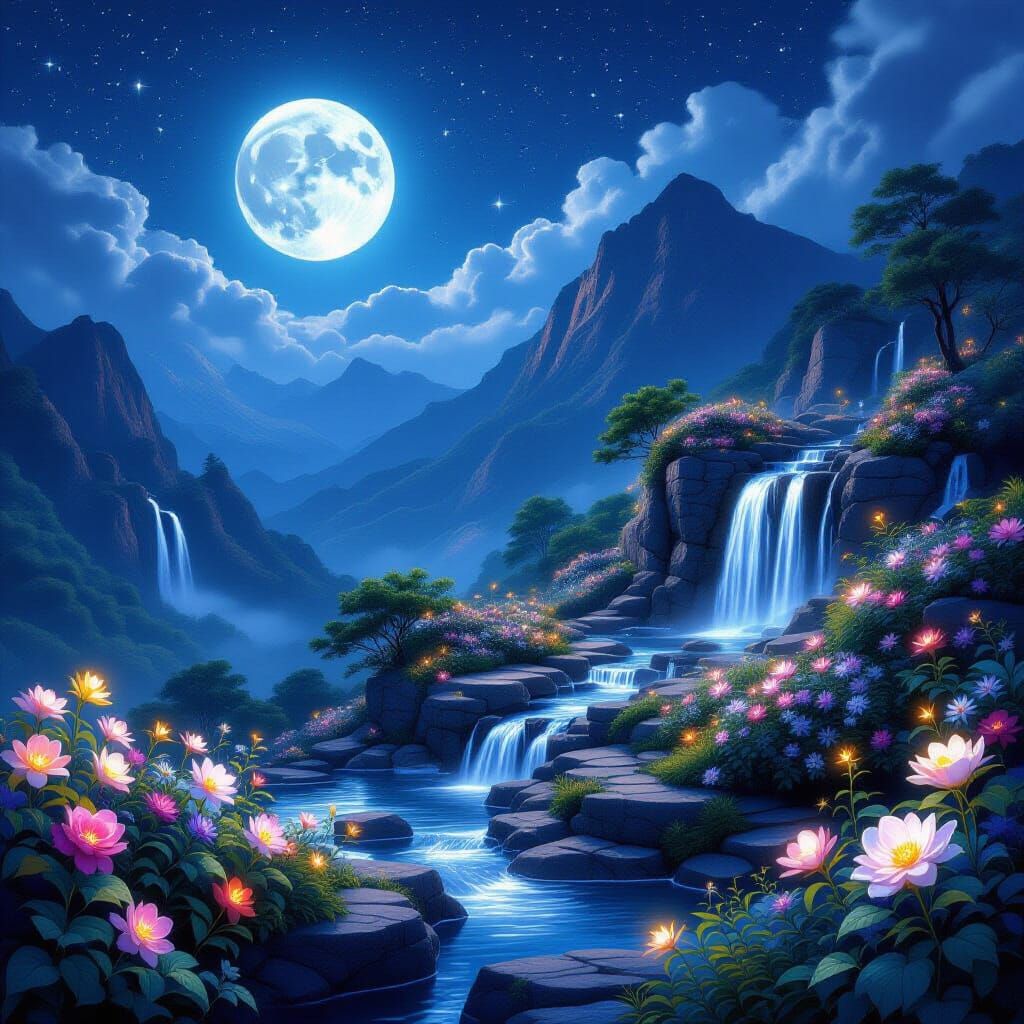 Celestial Moonlit Garden Atop Mountain With Glowing Flowers