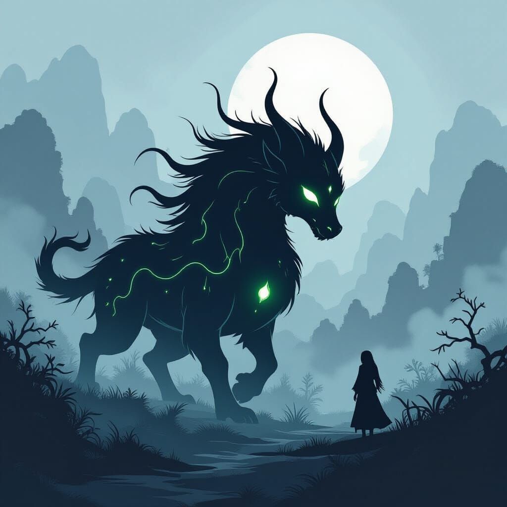 Vietnamese Mythical Beast Roaming Misty Landscape in 2D Styl...