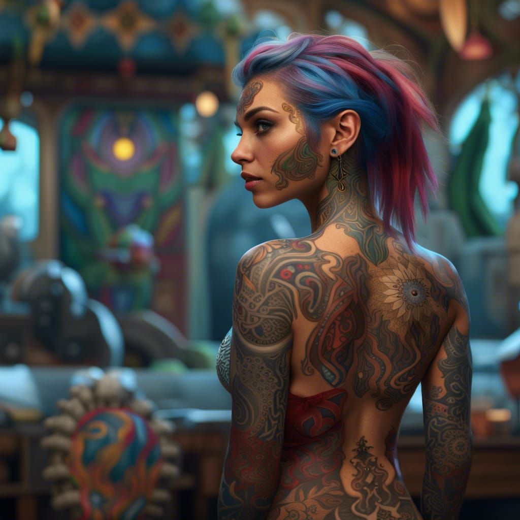 Tattooed Woman in Bikini: Detailed Fantasy Art