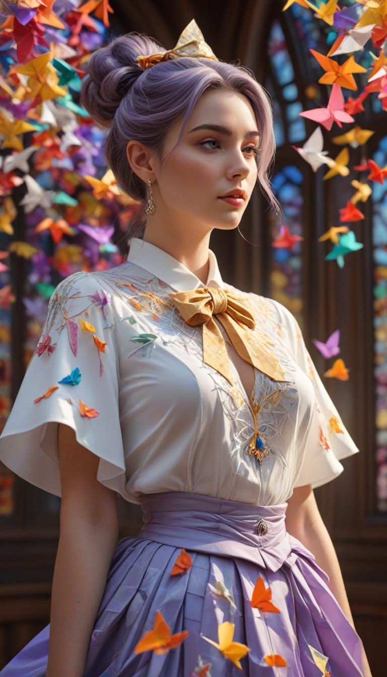 Woman Surrounded by Origami Cranes in Art Nouveau Style
