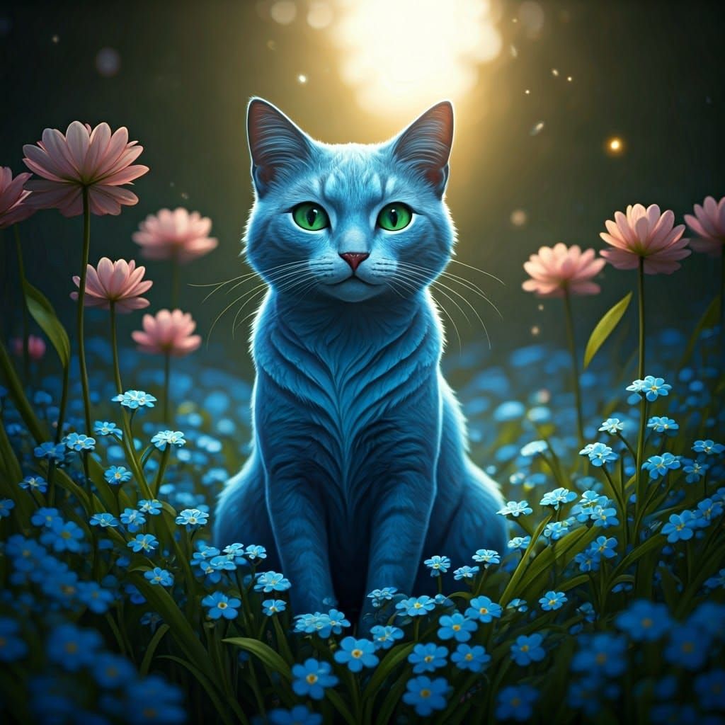 Blue Cat in Meadow at Dusk, Painterly Style
