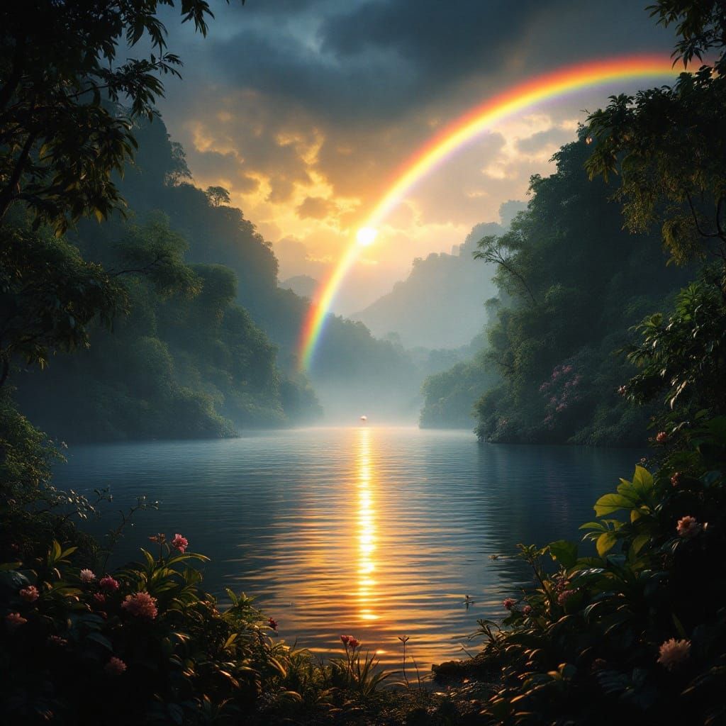 Eye Over Rainforest Lake at Night with Rainbow