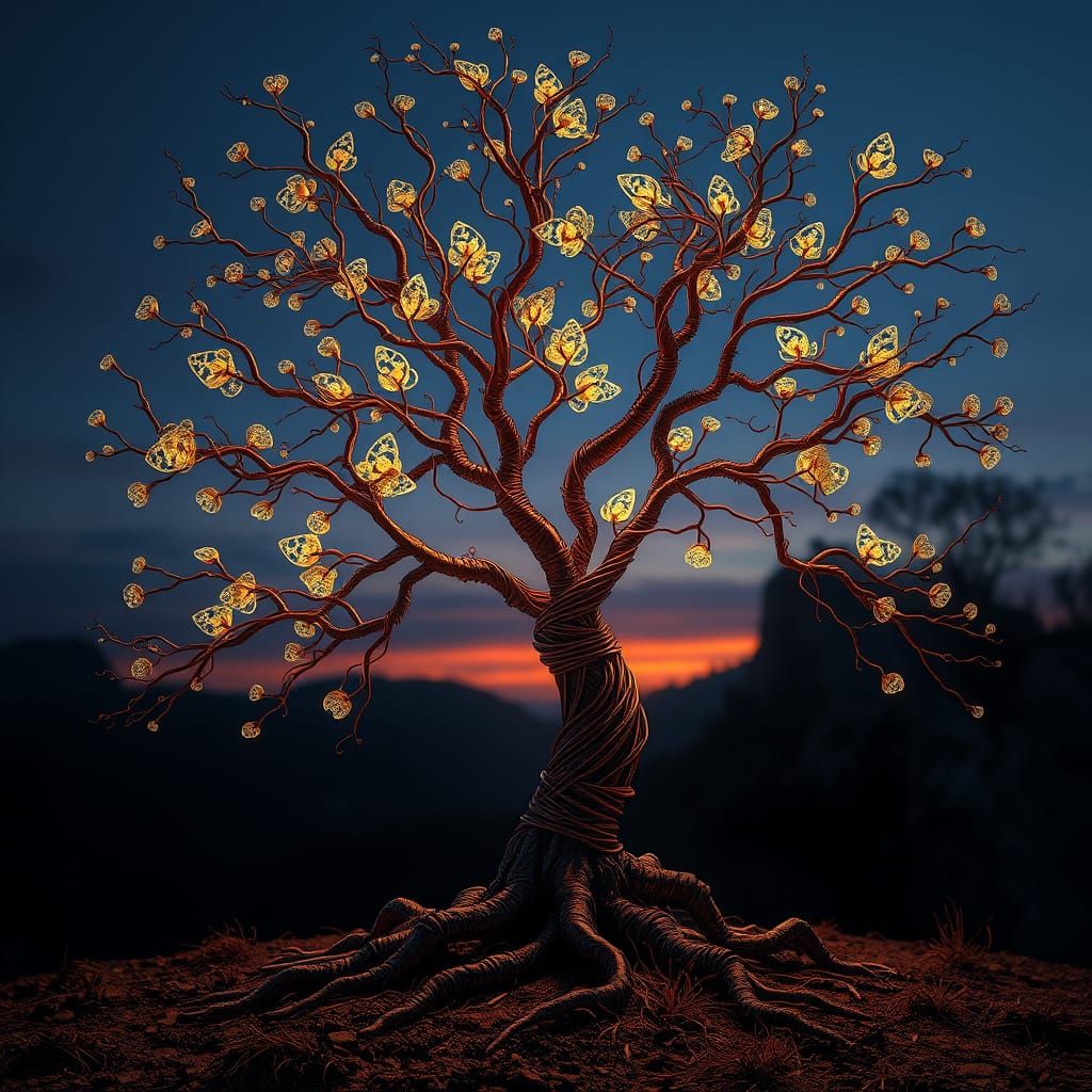 Mystical Tree with Bronze Branches in Magical Realism Style