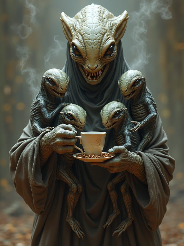 Protective Alien Mother with Coffee, Matte Painting