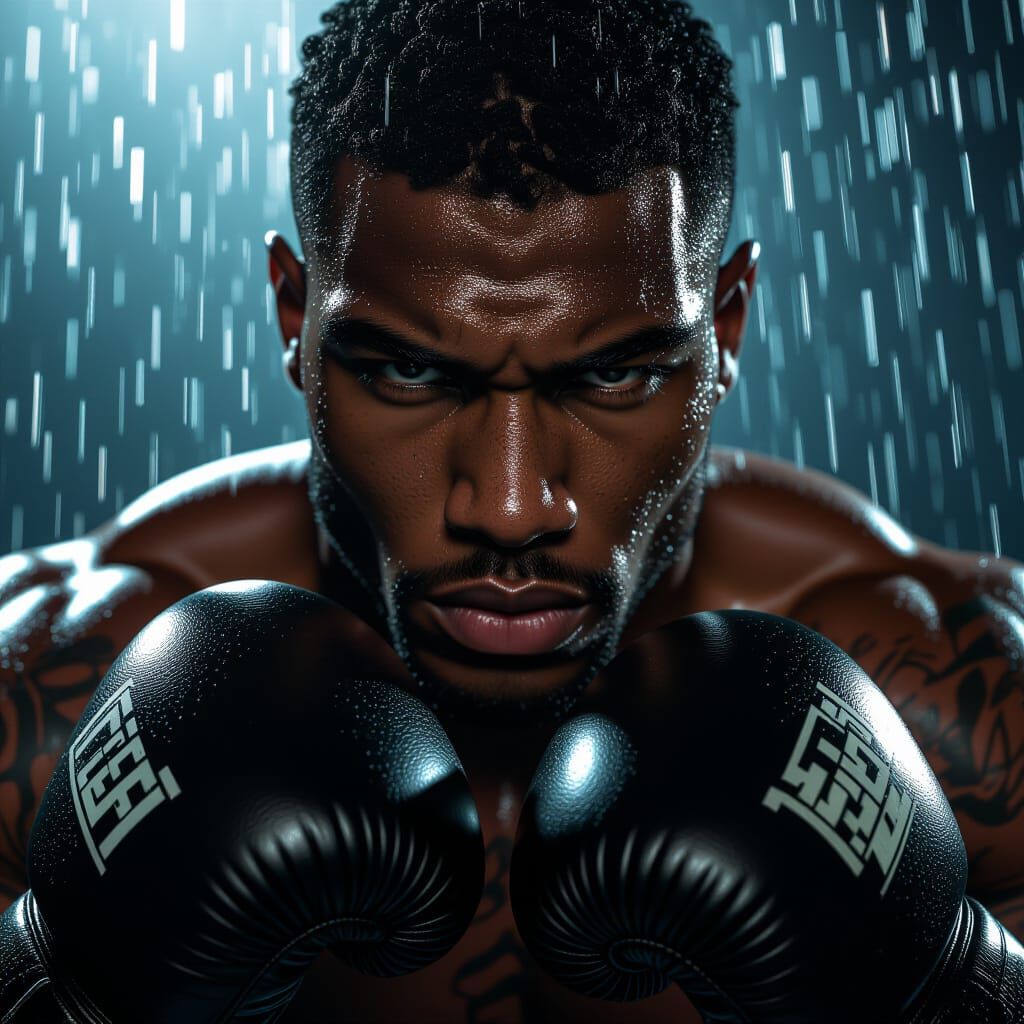 Black Boxer with Tattoos in Dramatic Lighting