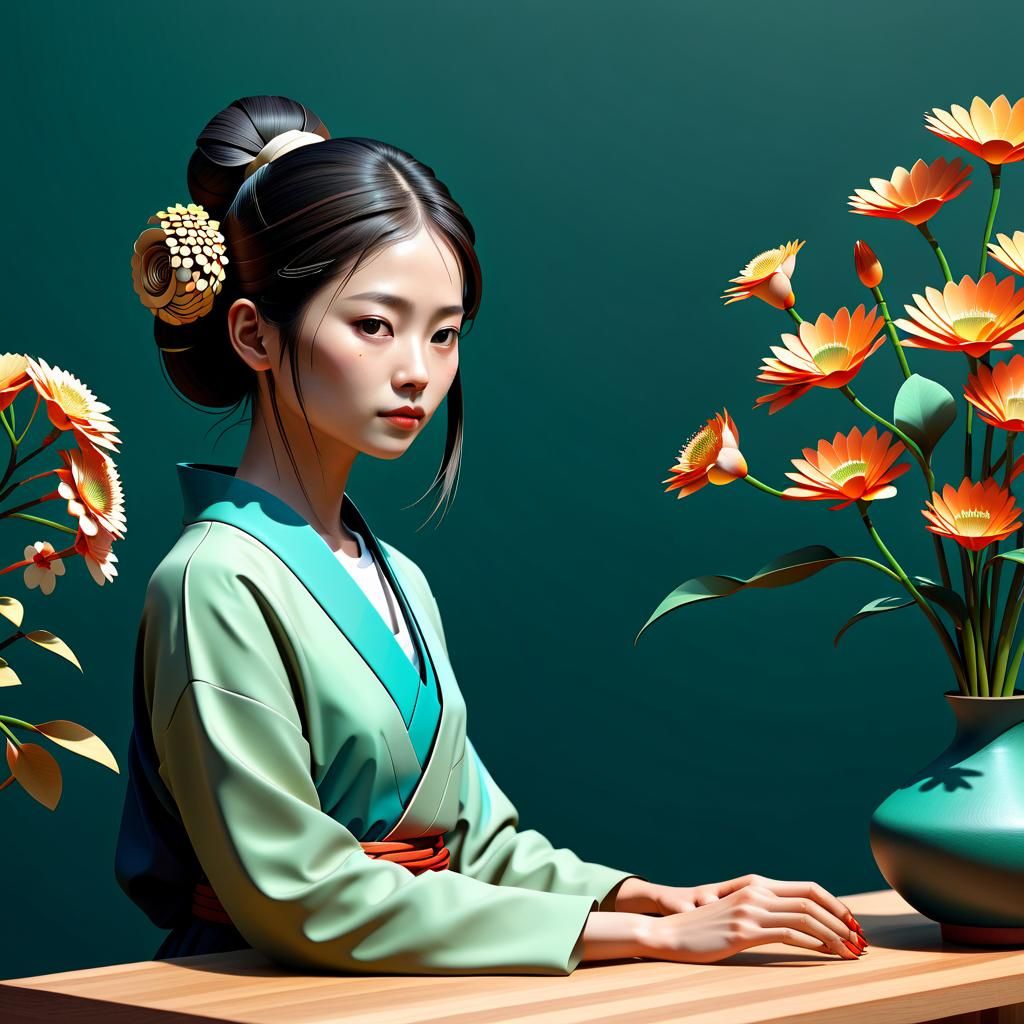 Photorealistic 3D Ikebana Woman Desktop Wallpaper