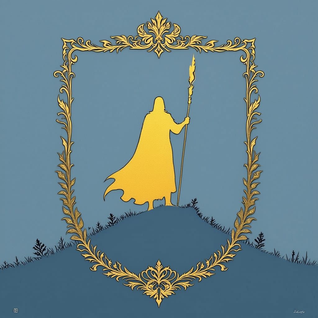 Medieval Coat of Arms with Golden Silhouette on Hill