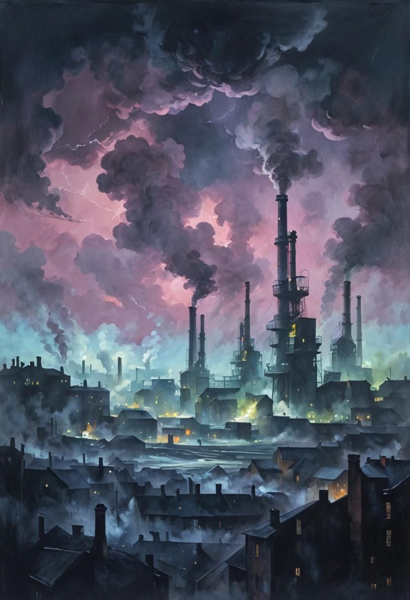 Noir Night Factory Scene with Smoke