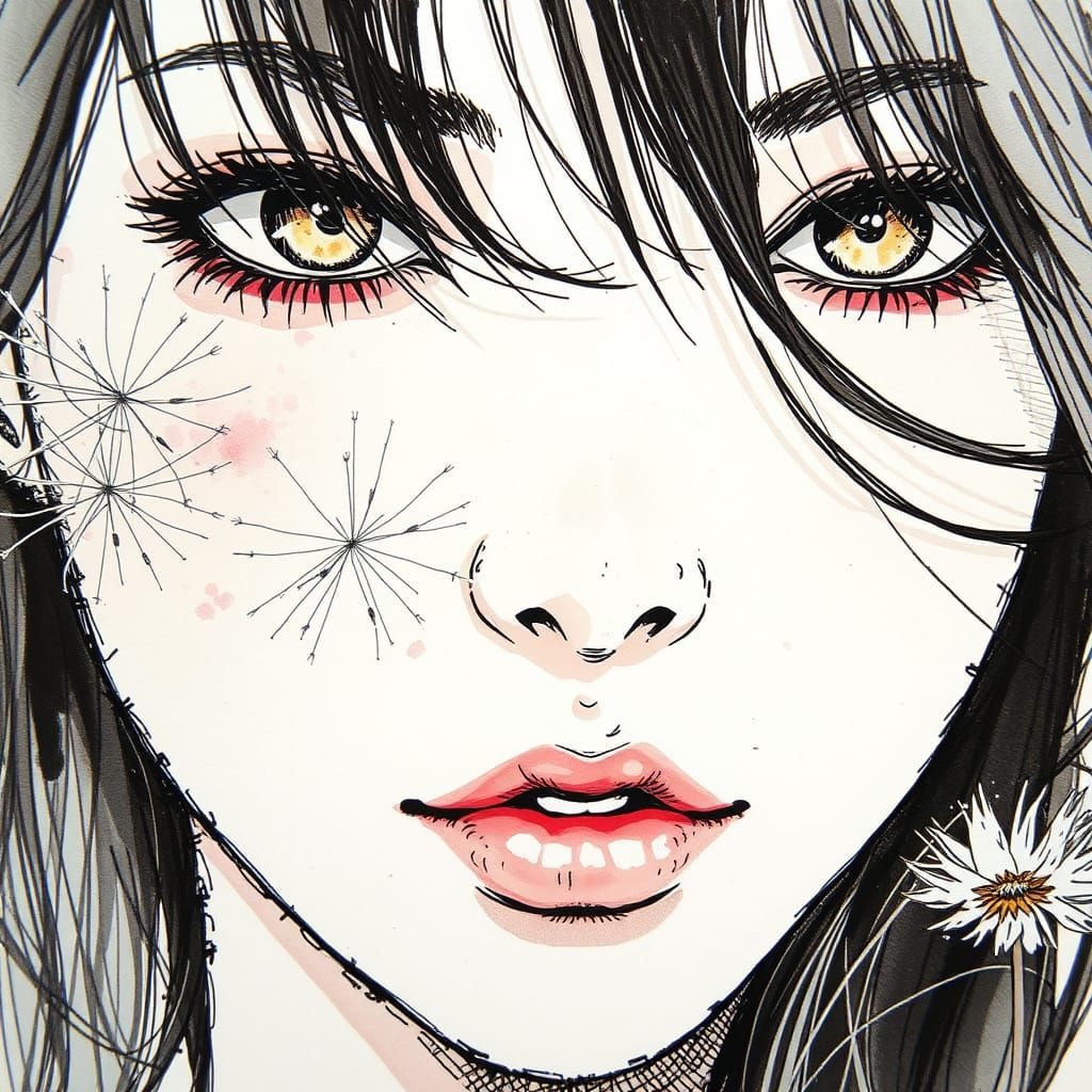 Whimsical Ink Portrait of a Girl Among Dandelions