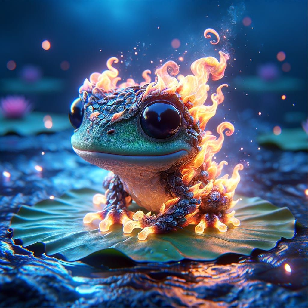 A adorable cute chibi frog made of flames