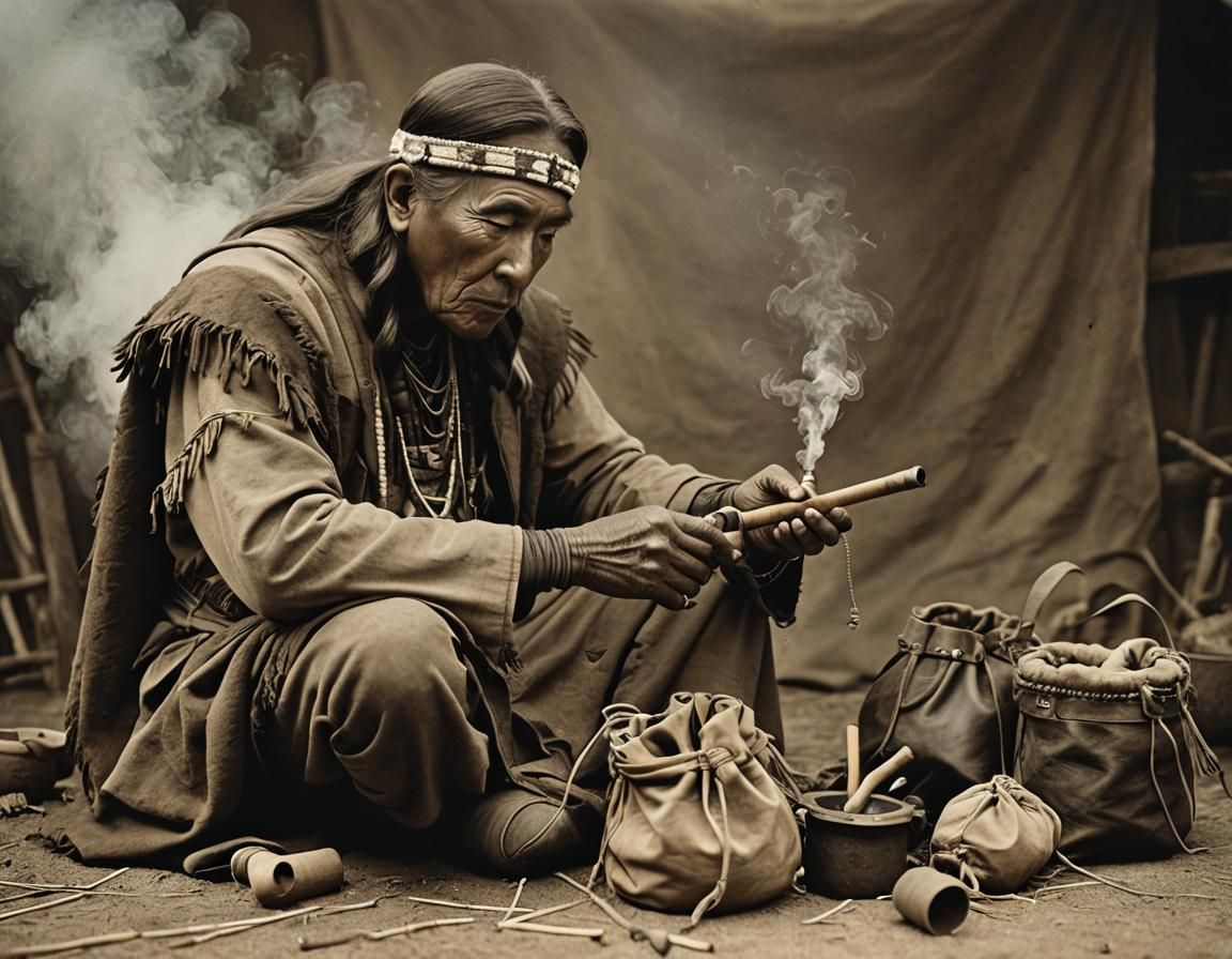 Native American Shaman Prepares Smoking Pipe