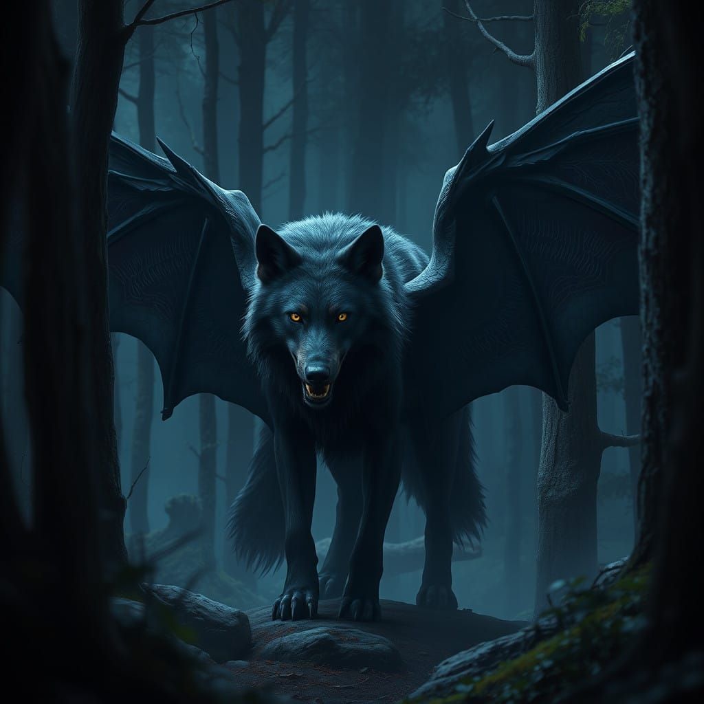 Dark Fantasy Wolf with Bat Wings Unveiled in Mysterious Fore...