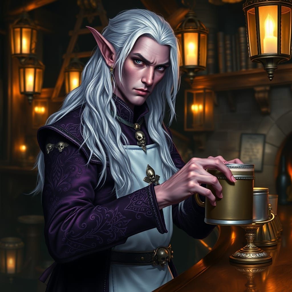 Elf Bartender in Cozy Medieval Pub