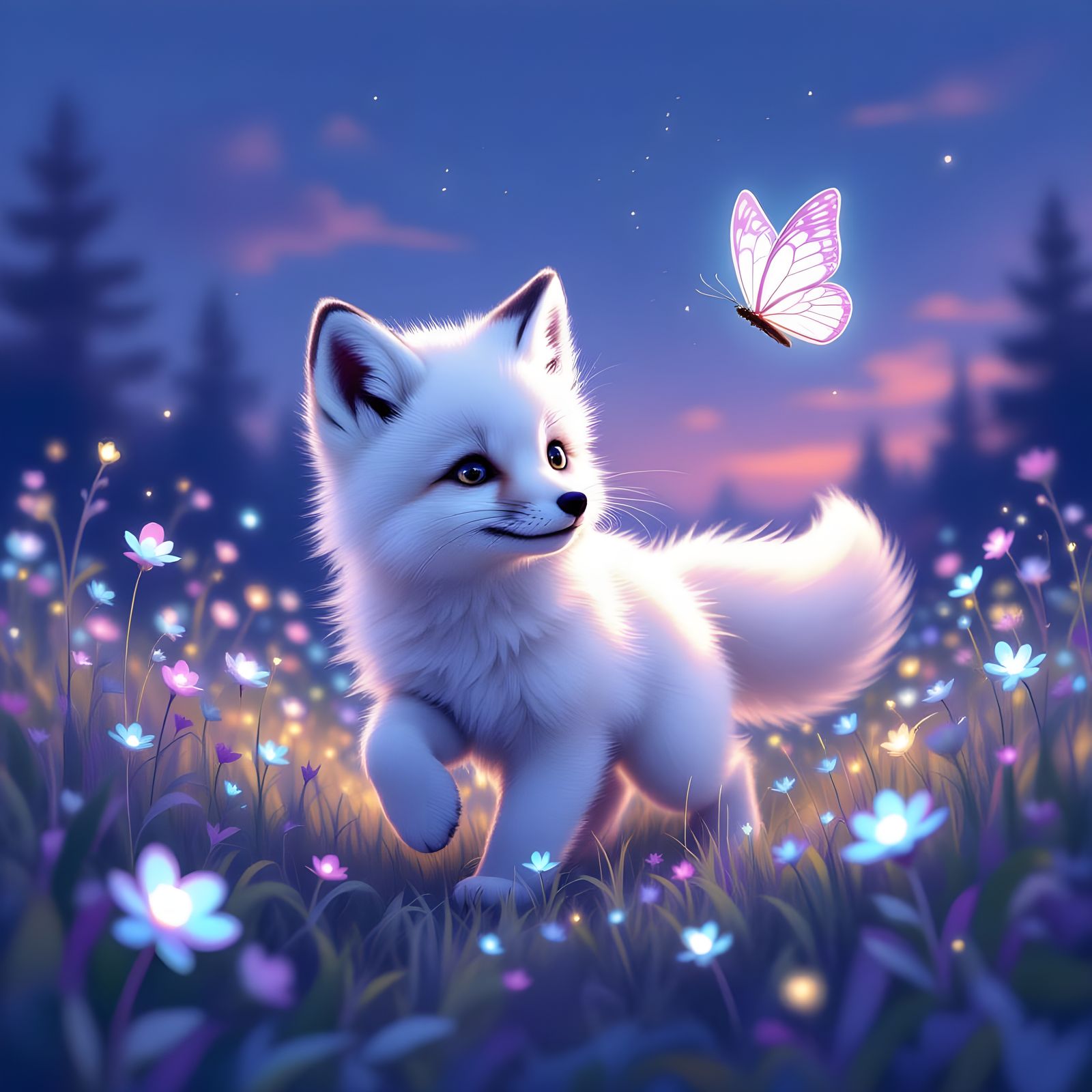 Arctic Fox Cub Chases Glowing Butterfly in Magical Flower Fi...