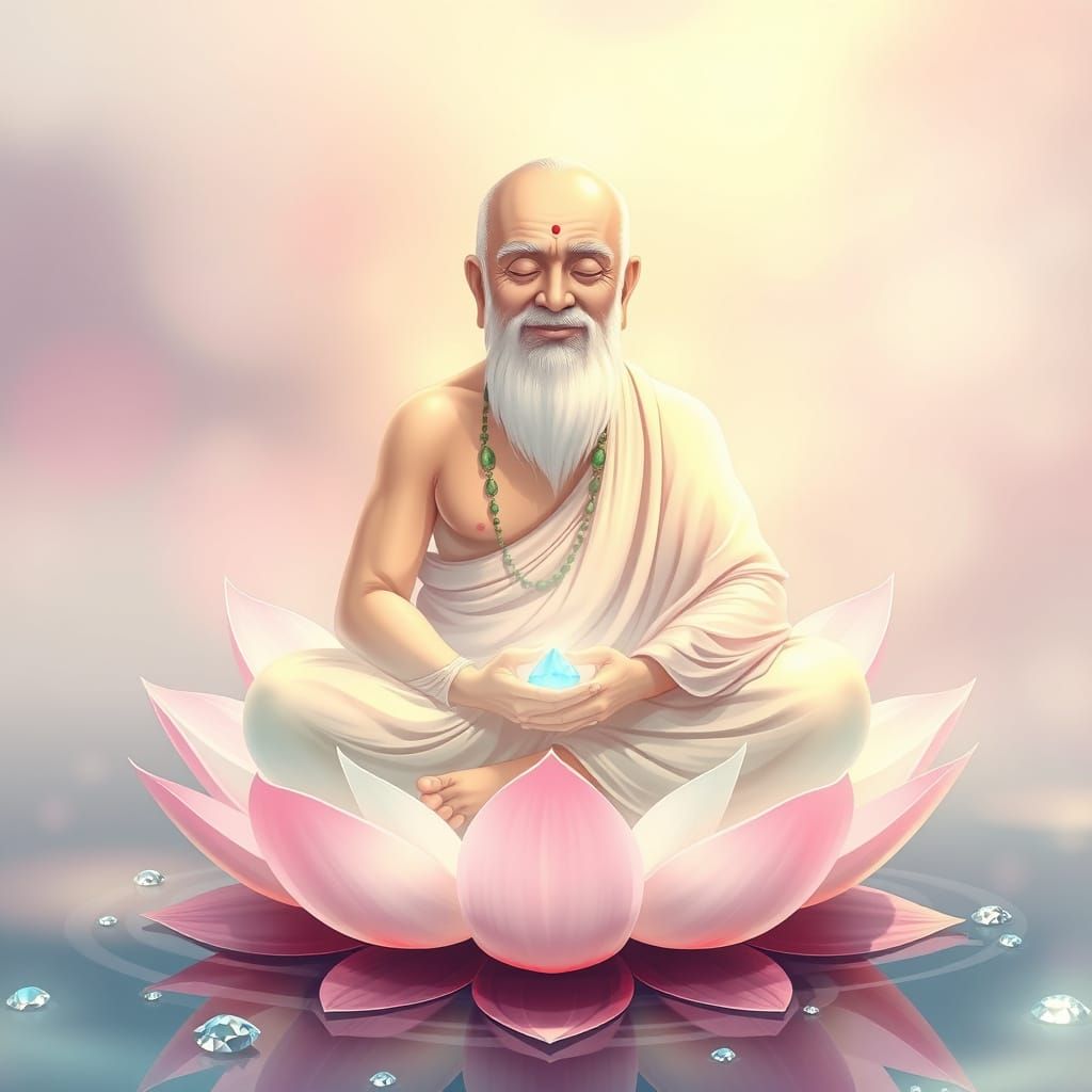 Elderly Siddha Shimmers with Ethereal Light on Diamond Pool