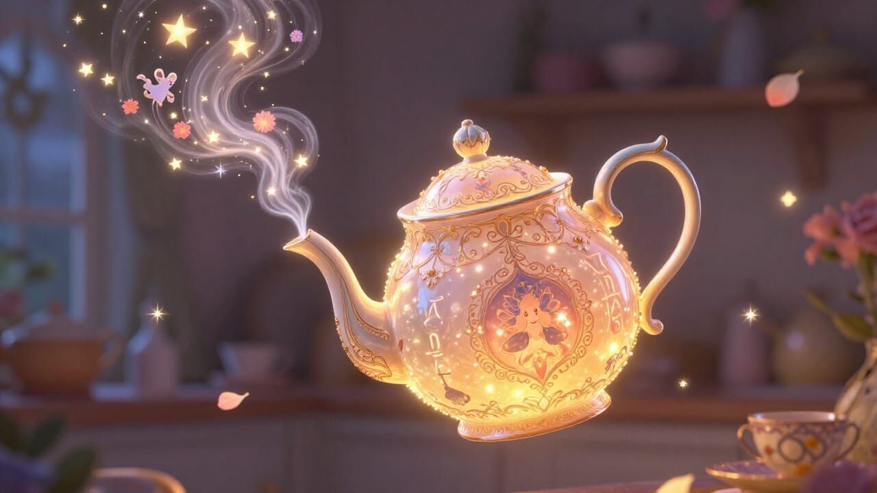 Magical Teapot Floating in Enchanted Kitchen