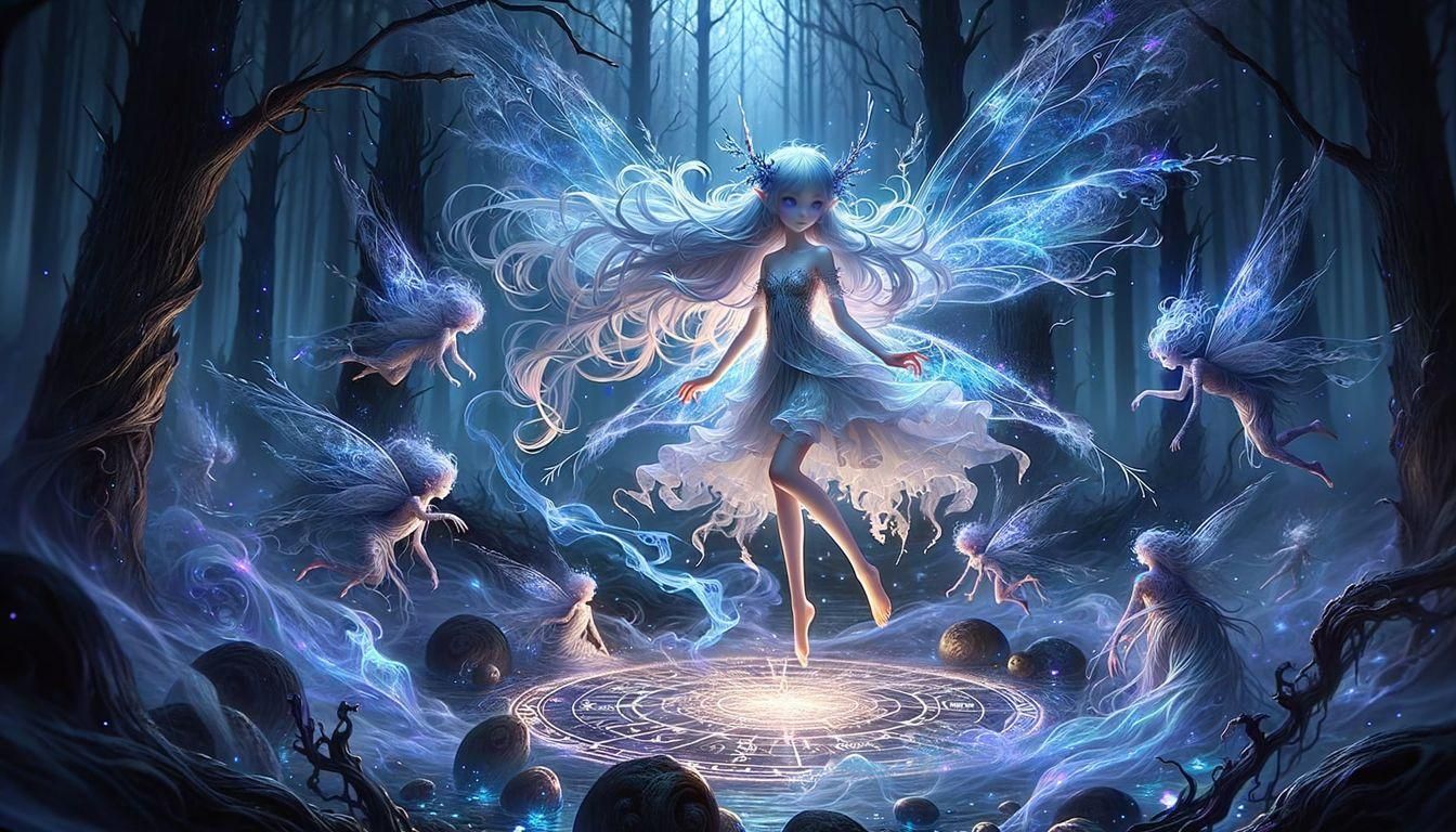 ethereal anime fairy hovers gracefully above a mystical, glo...