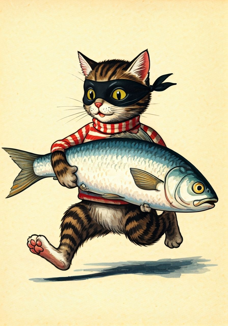 1920s children's book illustration, a cat dressed in a striped jumper and black mask running away with a large fish unde...