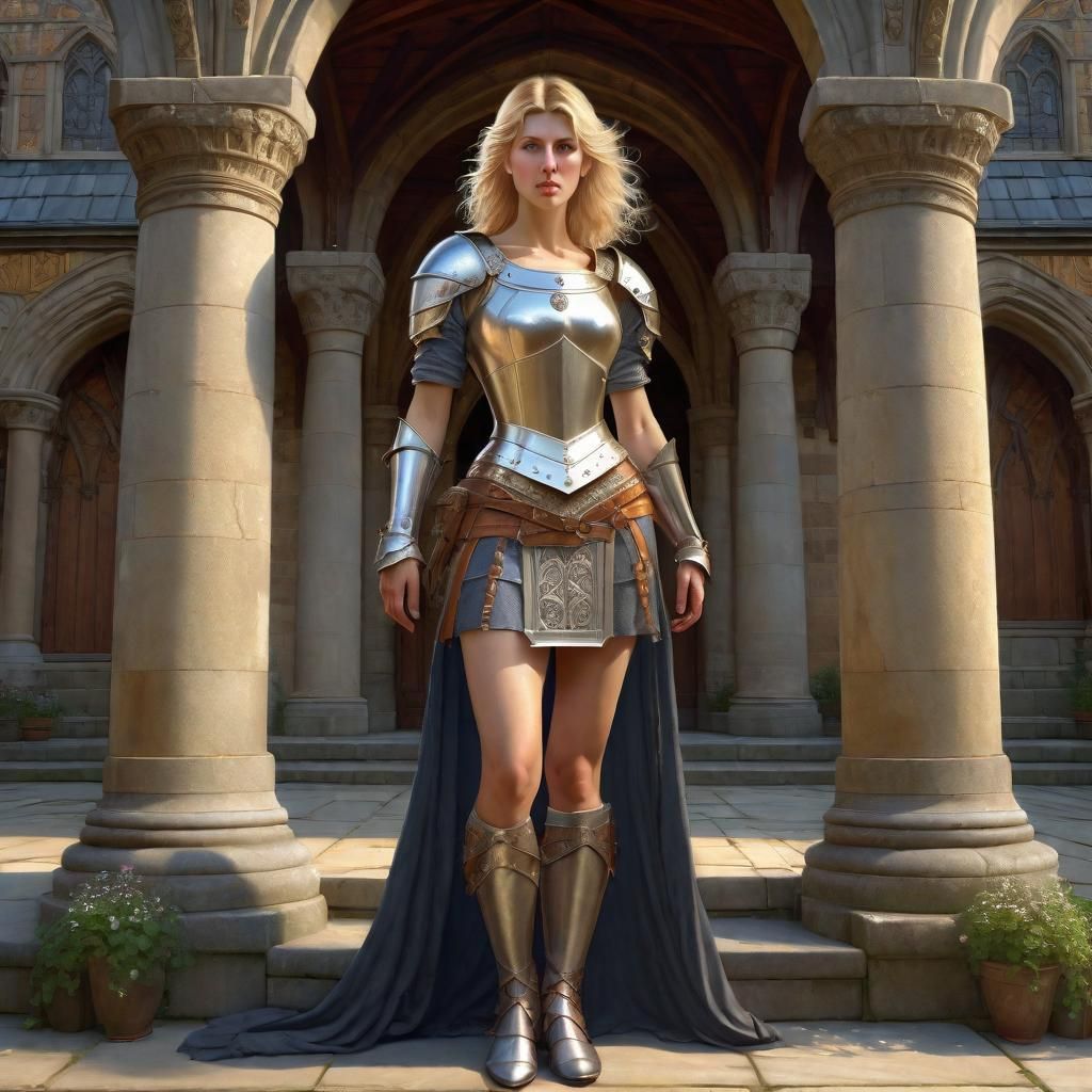 Armored Woman in Medieval Temple, Photorealistic Art