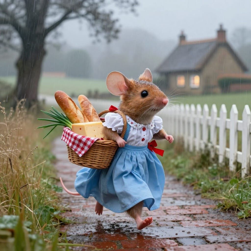 Mouse Hurrying Home in Gentle Rain, Children's Book Style