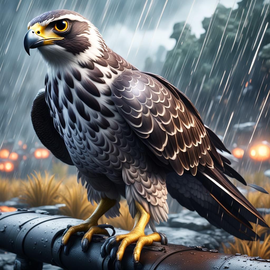 Falcon Sniper in Rainy, Realistic, Cinematic Style