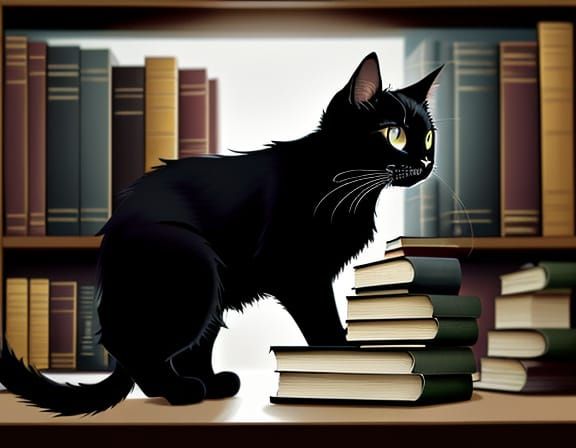 Black Cat Explores Library in Minimalist Digital Art Style