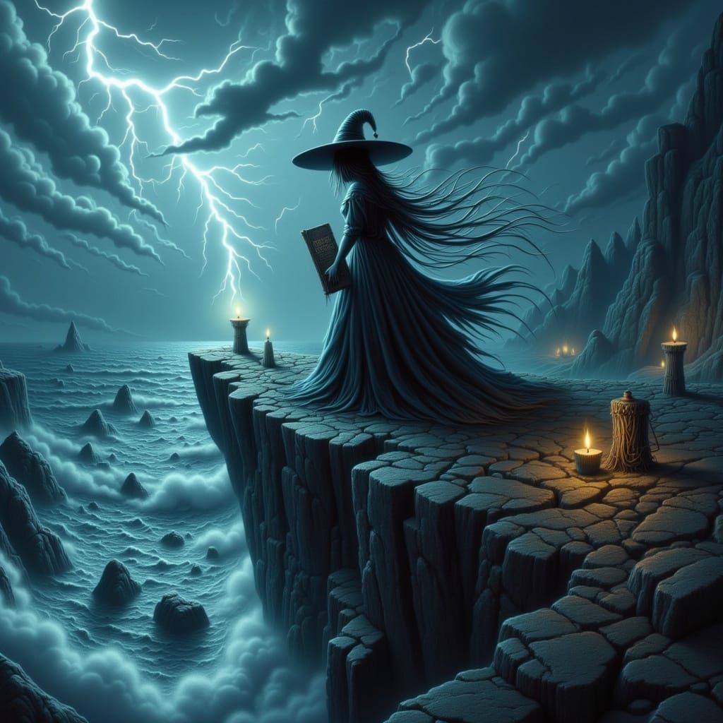 Gothic Witch on Stormy Cliff Overlooking Sea