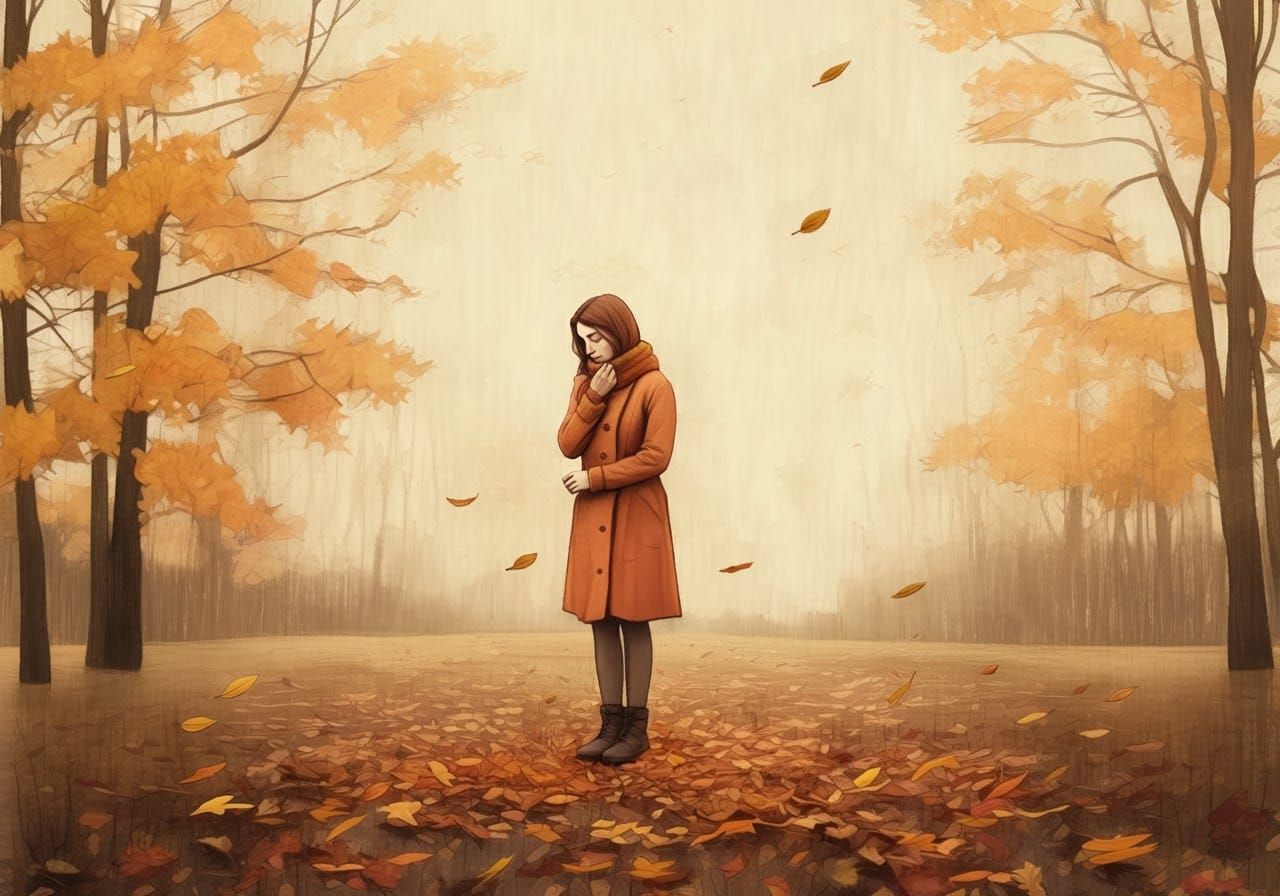 Nostalgic Woman in Autumn Landscape: Digital Painting