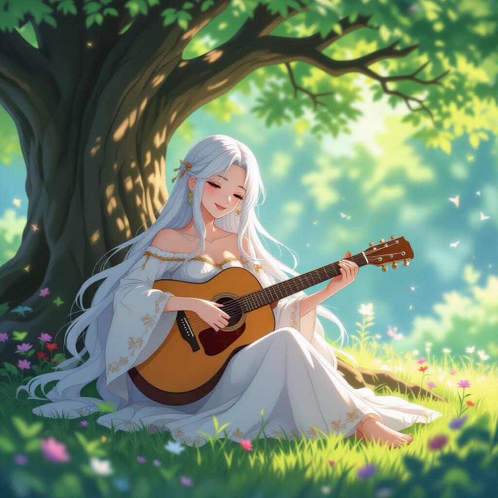 Anime Woman in Forest Clearing, Ghibli Style
