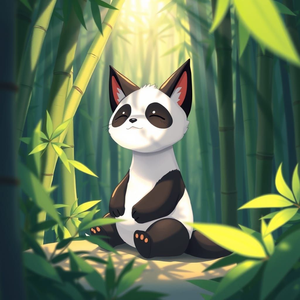 Panda Cat Hybrid in Sun-Dappled Bamboo Forest