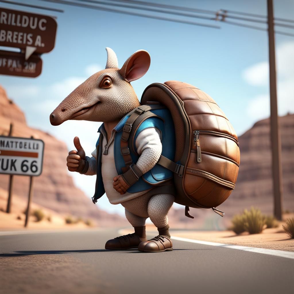 Armadillo Hitchhiking on Route 66 in 3D Style