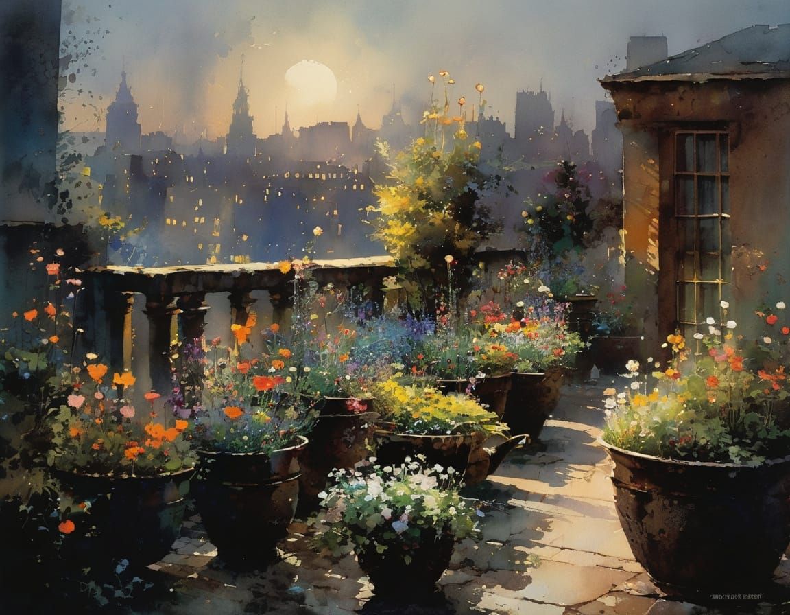 Joyful City Girl Surrounded by Blooming Flowers in Urban Oas...