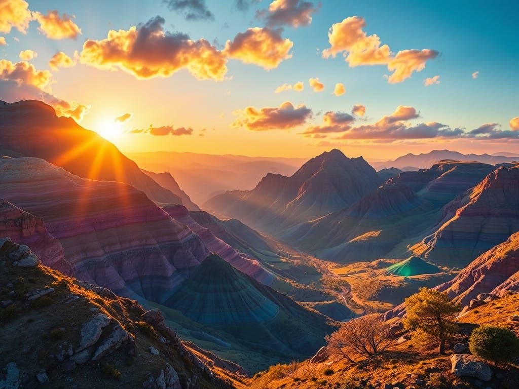 Vibrant Gemstone Valley Unfolds at Sunset