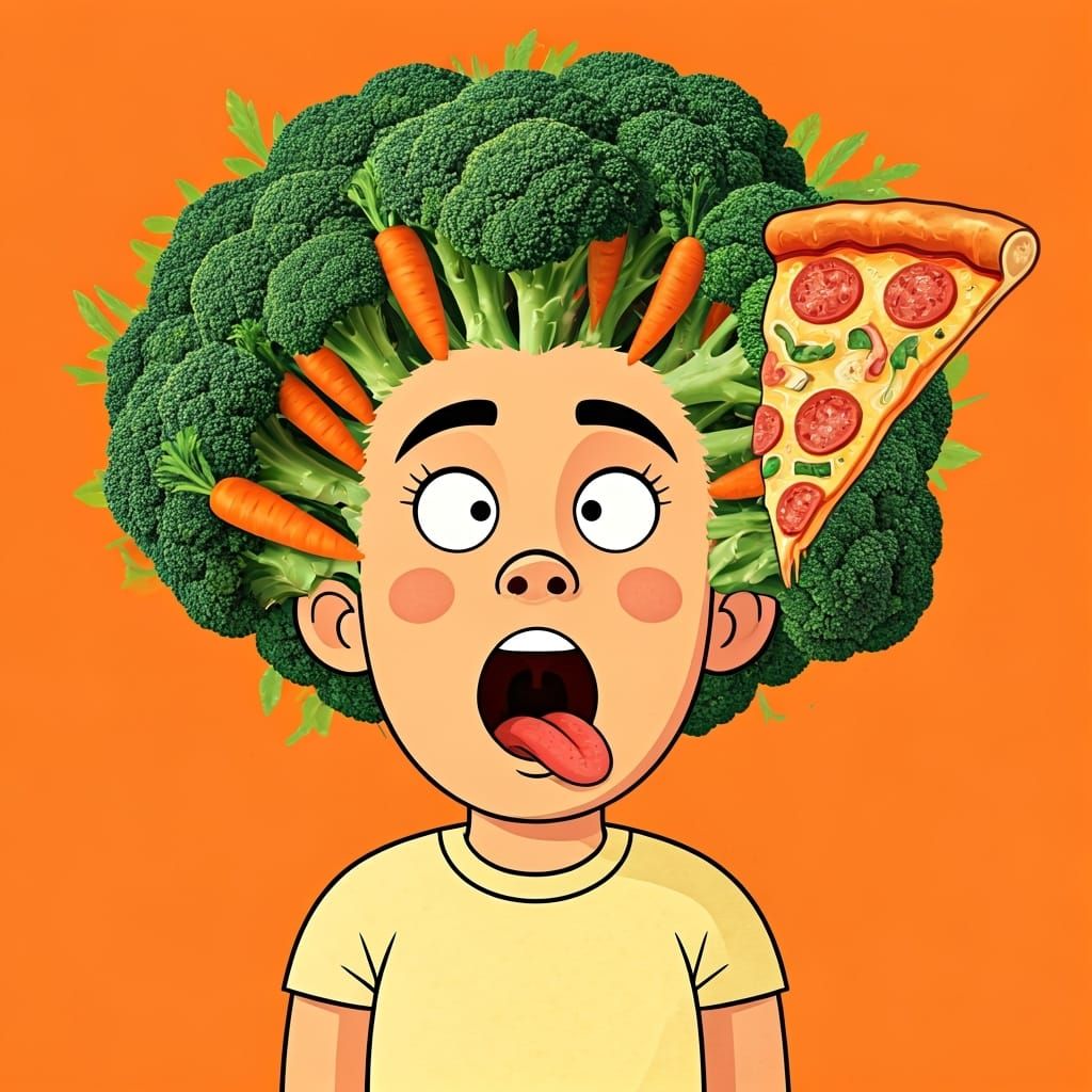 Cartoon Character Catches Pizza Slice in Collage Style