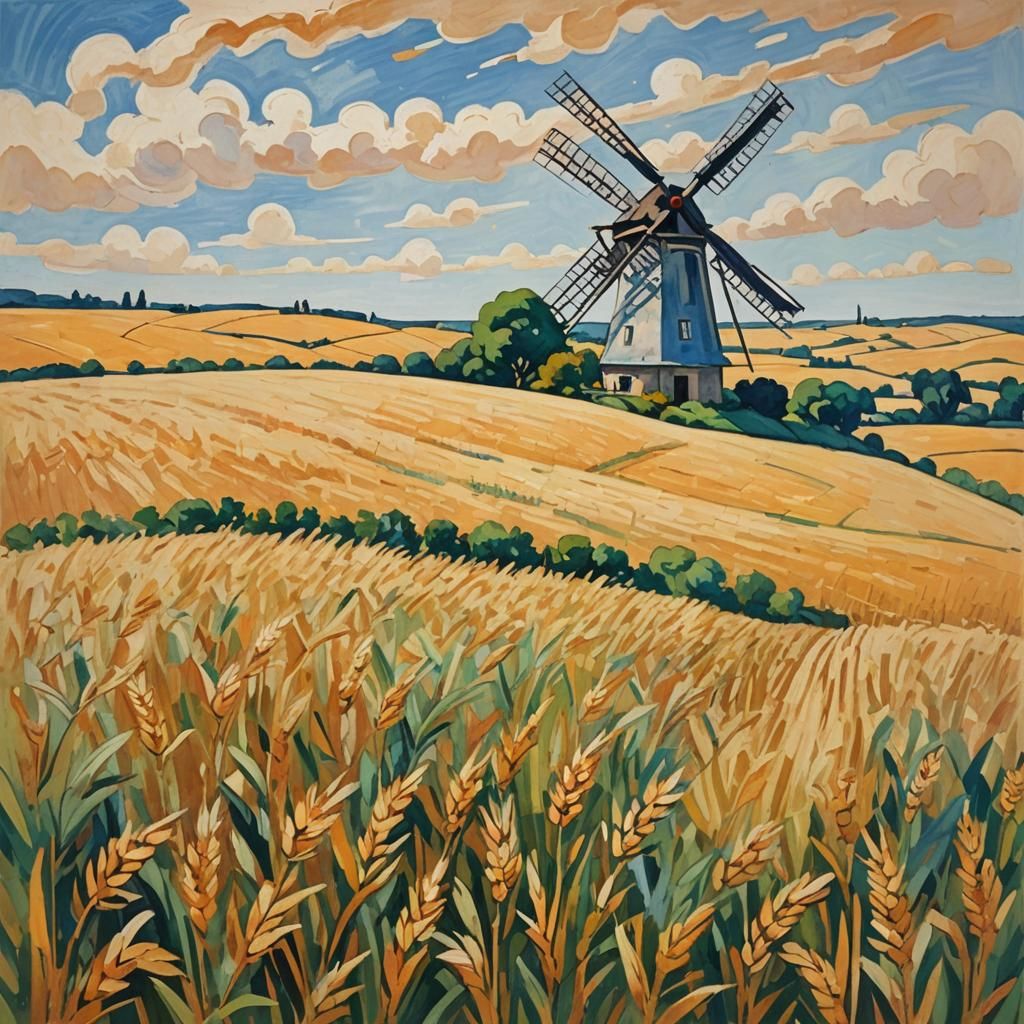Fauvist Windmill in Wheat Field, Dreamlike Painting