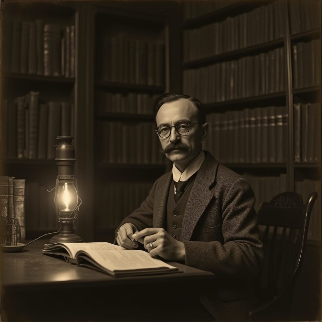 Gentleman Reading in a Vintage Study, Sepia Tone Portrait