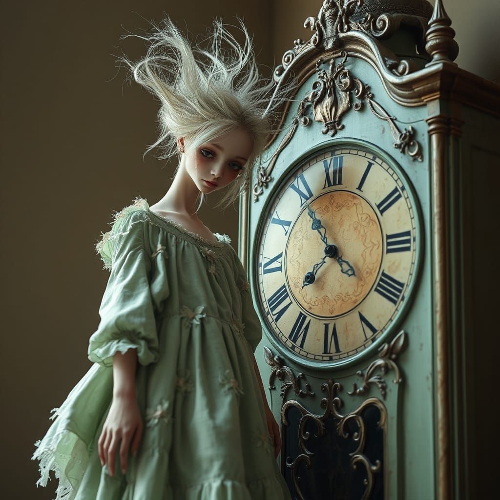 Gothic Girl with Antique Clock in Surreal Style