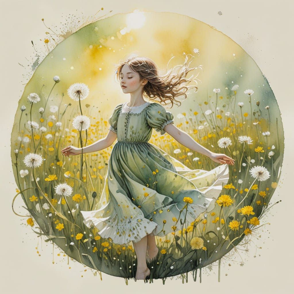 Whimsical Watercolor: Girl Dancing in Dandelion Field