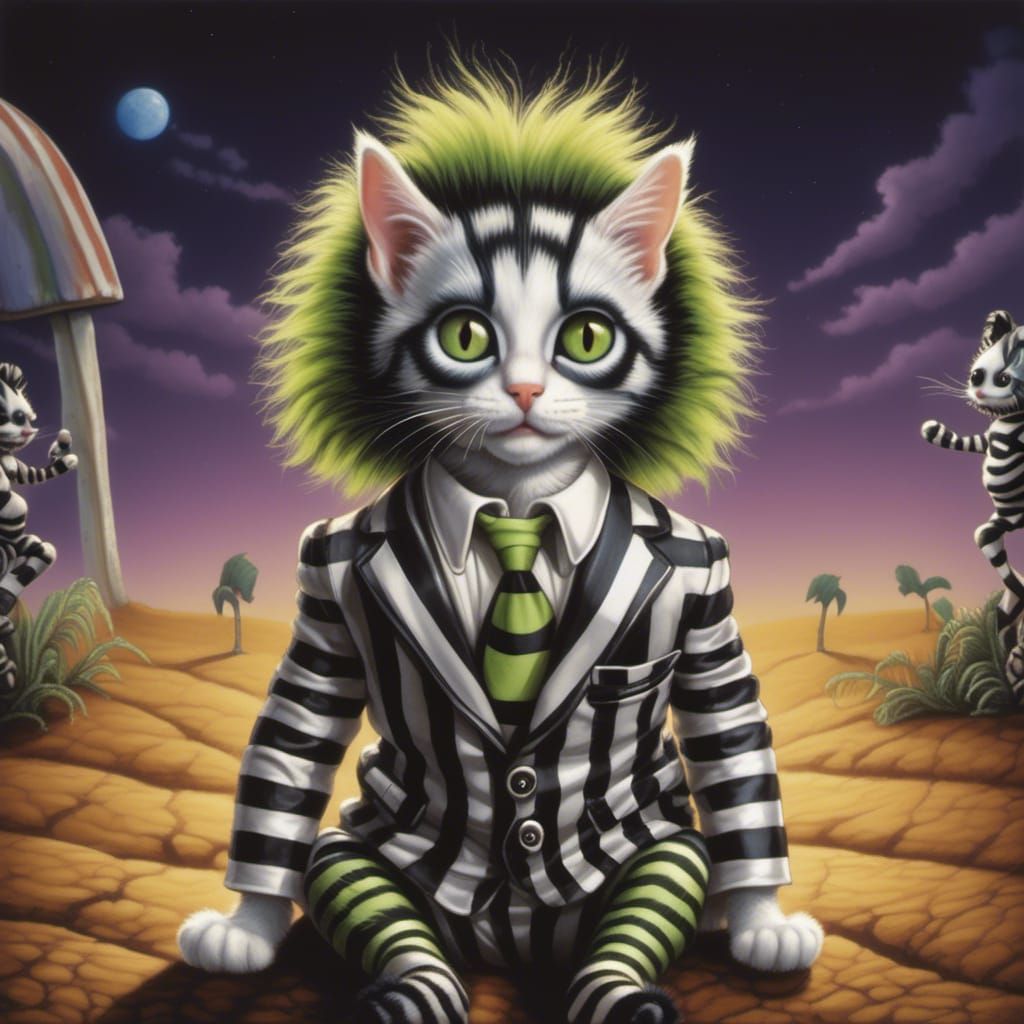 Kitten as Beetlejuice in Surreal Desert Landscape