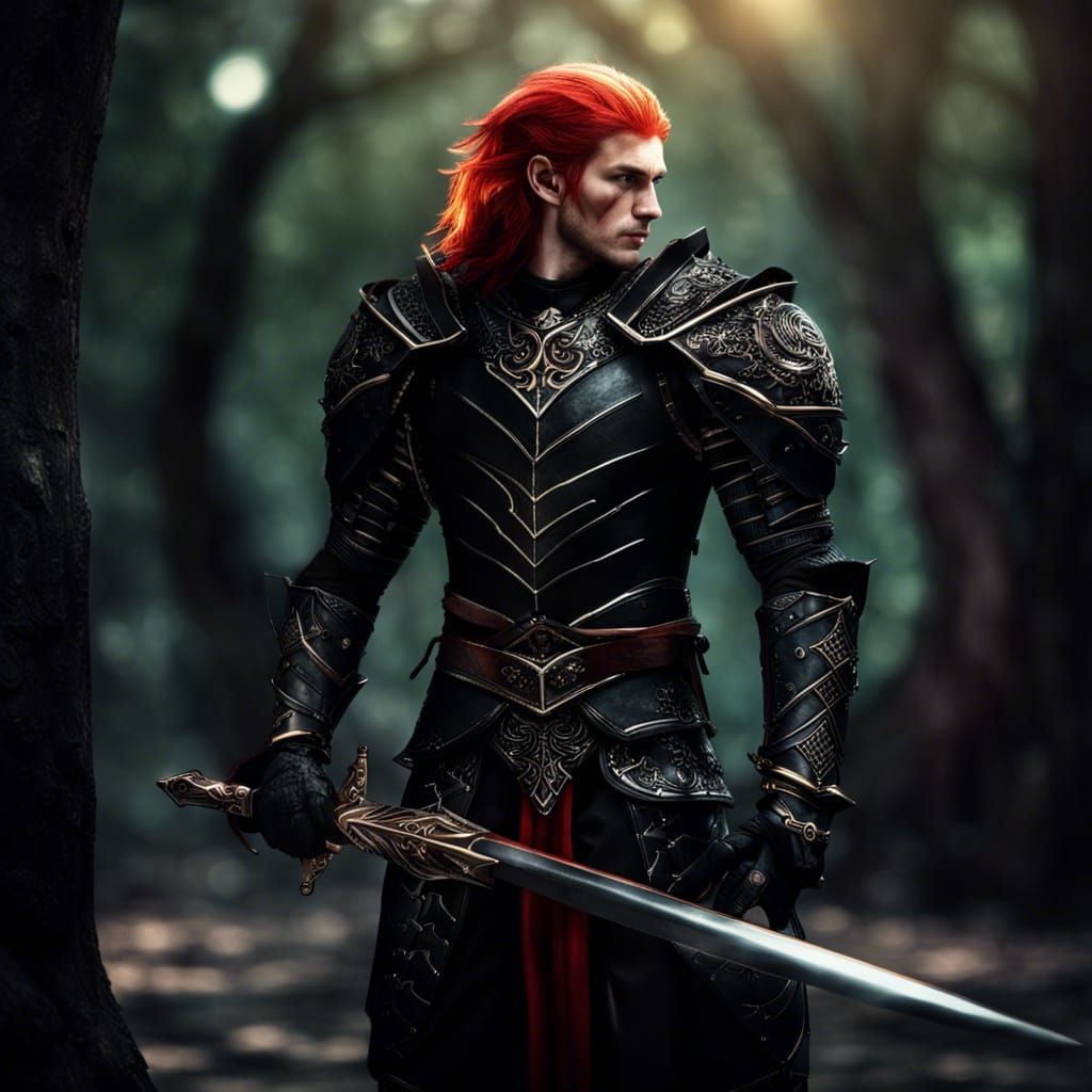 Red-Haired Elf Warrior in Black Armor