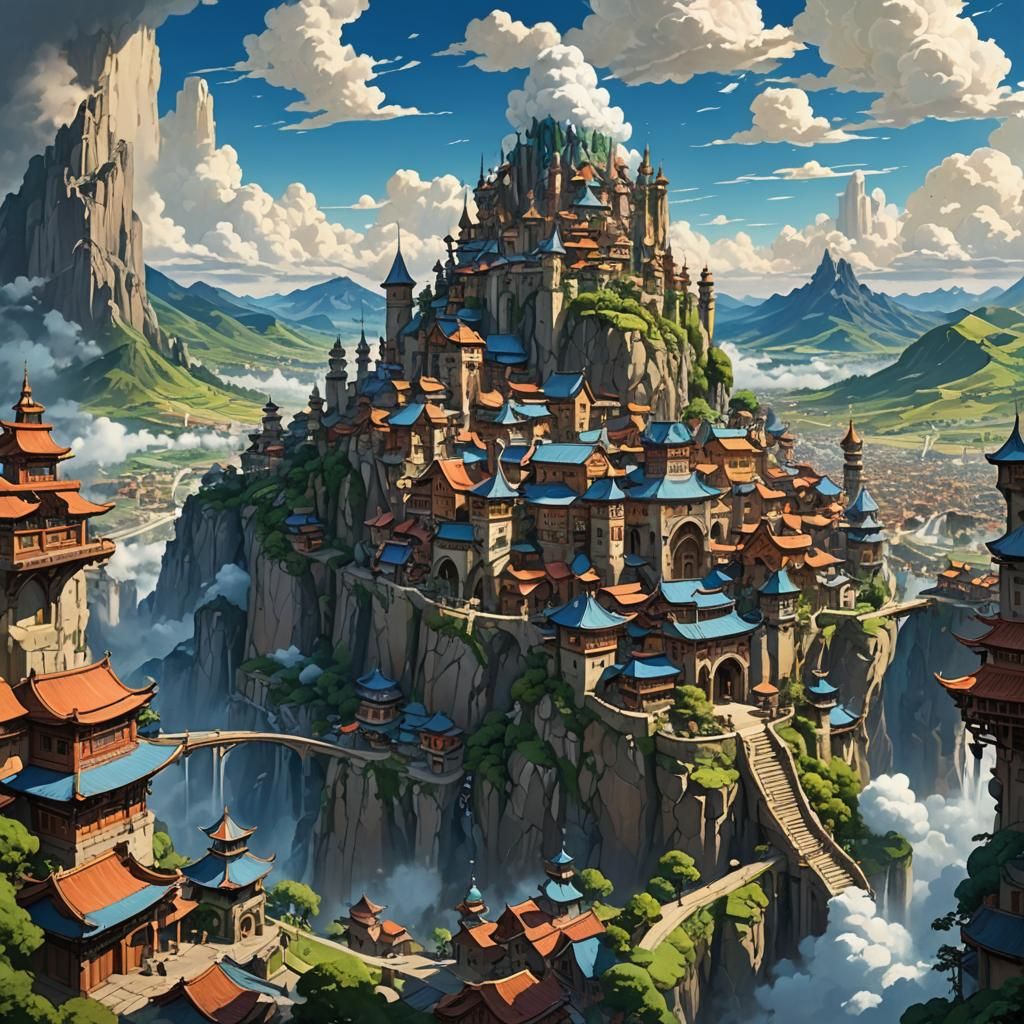 Vibrant Fantasy City in Rolling Hills, Digital Art